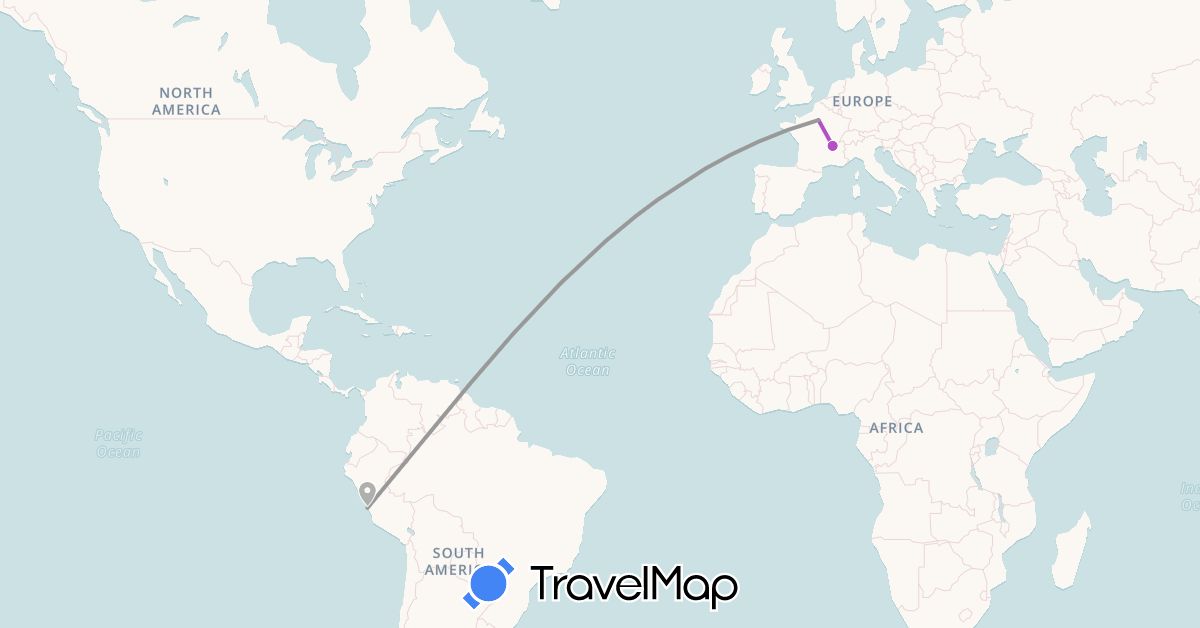 TravelMap itinerary: plane, train in France, Peru (Europe, South America)